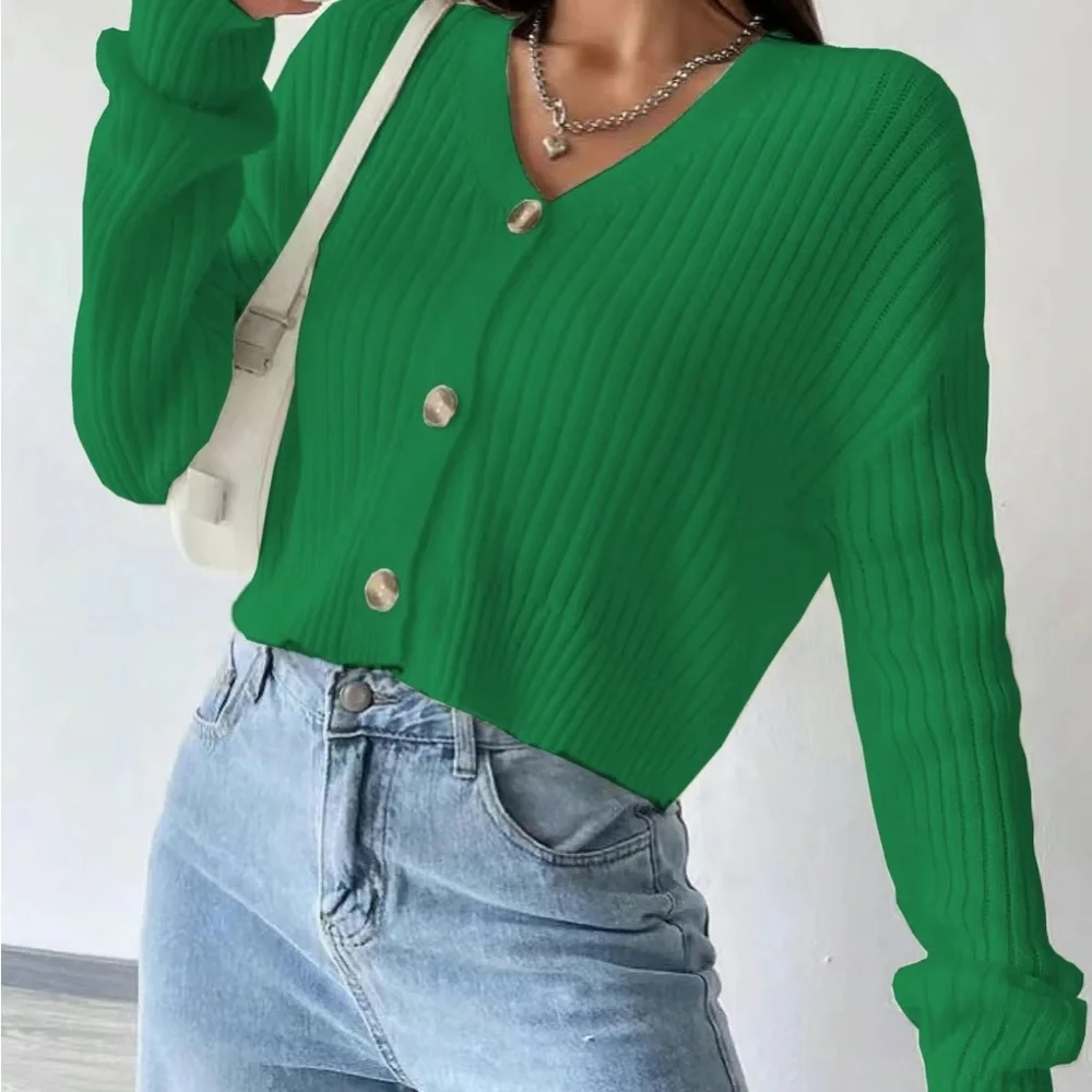 Green Ribbed Button-Up Sweater - Picture 1 of 2
